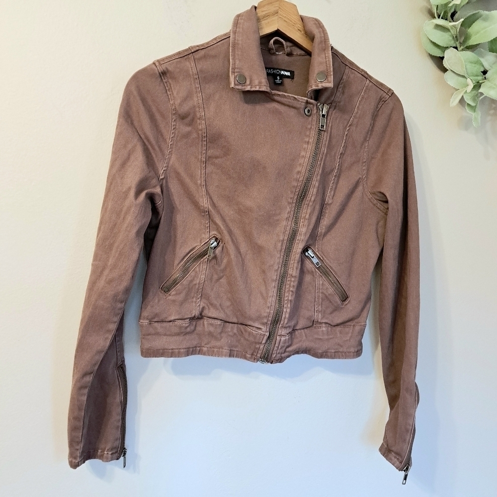 Women's Fashion Nova Brown Crop Jacket Zip Up Pockets Size Small